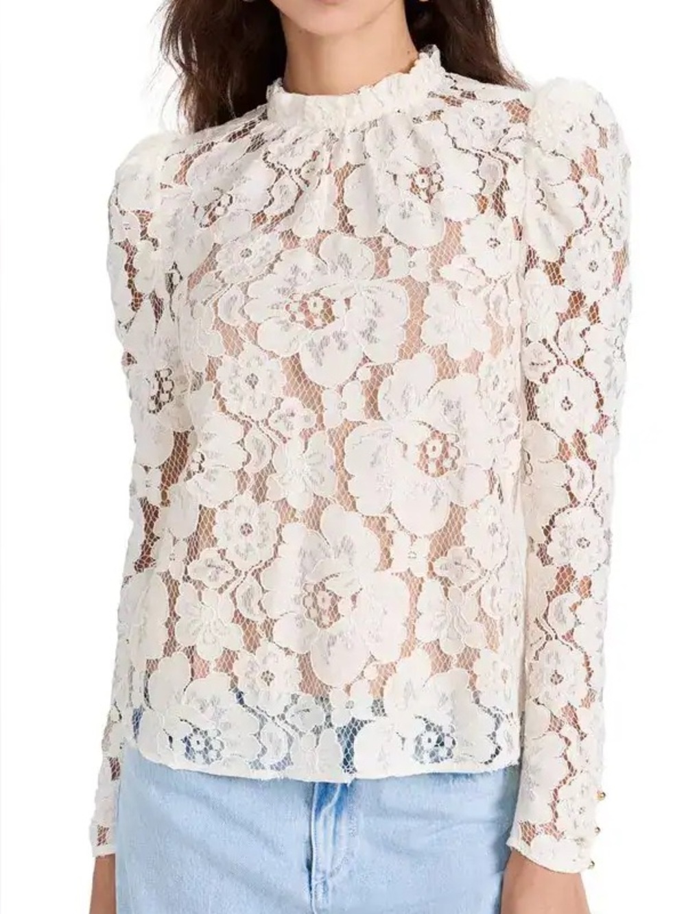 WAYF Erika Puff Sleeve Sheer Floral Lace Romantic Blouse Size S.